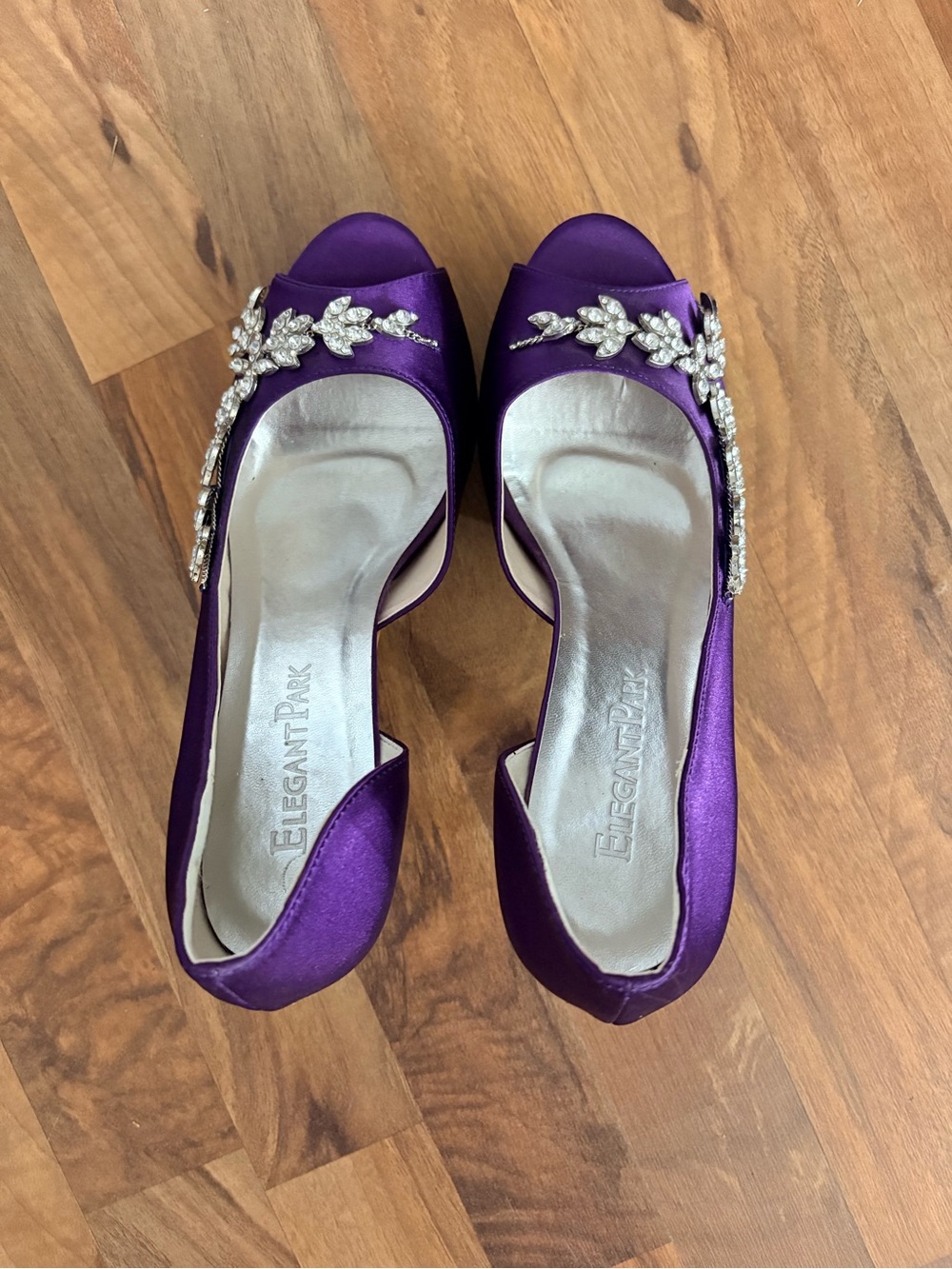 ElegantPark Purple Satin Jeweled Peep-Toe Heels
